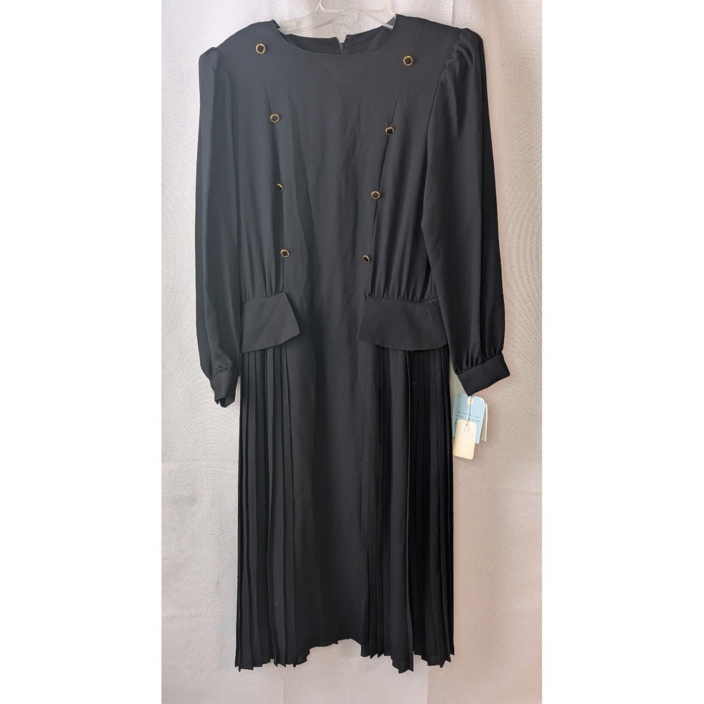 David Warren Pleated Midi Dress Womens 16 Black New Vintage Gold Button
